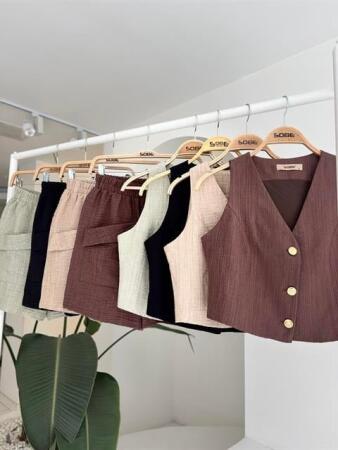 Mini Yelekli Şortlu Keten Takım 10176-08 - 12