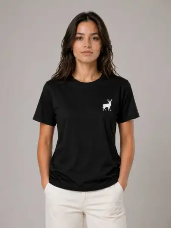 Minimal Geyik Logolu Tişört Bisiklet Yaka Kısa Kol Yazlık T-Shirt - Siyah - 1