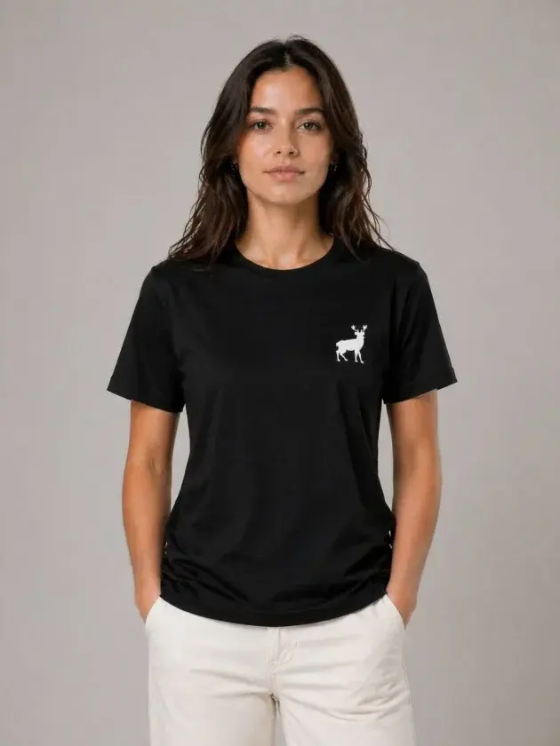 Minimal Geyik Logolu Tişört Bisiklet Yaka Kısa Kol Yazlık T-Shirt - Siyah - 1