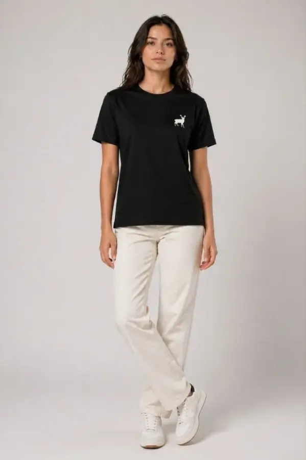 Minimal Geyik Logolu Tişört Bisiklet Yaka Kısa Kol Yazlık T-Shirt - Siyah - 4