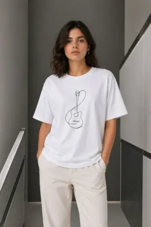 Minimal Gitar Baskılı Tişört T-Shirt Yazlık Kısa Kol Bisiklet Yaka T-Shirt - Beyaz - 2
