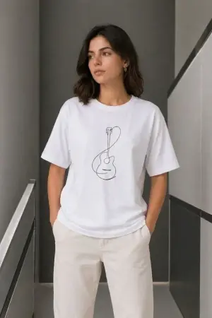 Minimal Gitar Baskılı Tişört T-Shirt Yazlık Kısa Kol Bisiklet Yaka T-Shirt - Beyaz - 3