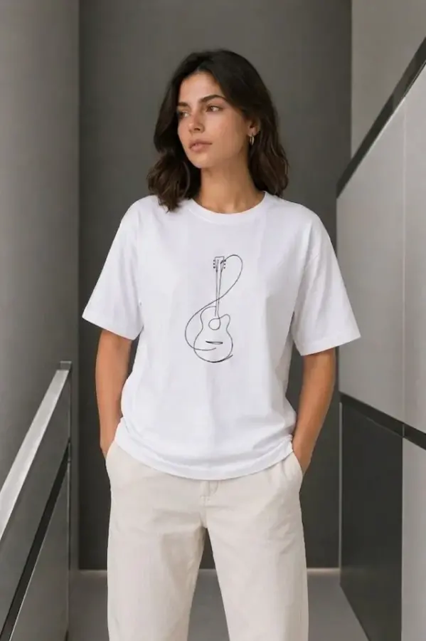 Minimal Gitar Baskılı Tişört T-Shirt Yazlık Kısa Kol Bisiklet Yaka T-Shirt - Beyaz - 3