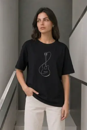 Minimal Gitar Baskılı Tişört T-Shirt Yazlık Kısa Kol Bisiklet Yaka T-Shirt - Siyah - 1