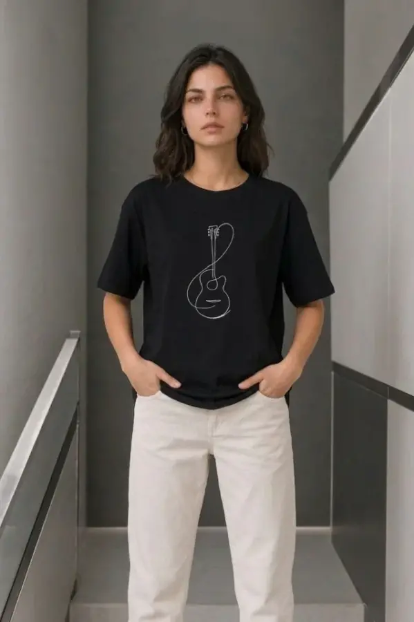 Minimal Gitar Baskılı Tişört T-Shirt Yazlık Kısa Kol Bisiklet Yaka T-Shirt - Siyah - 2