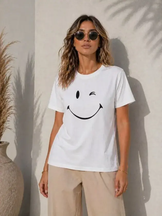 Minimal Gülümseyen Yüz Baskılı Tişört Kısa Kol Yazlık T-Shirt - Beyaz - 1