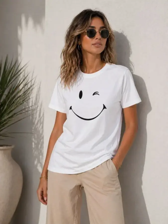 Minimal Gülümseyen Yüz Baskılı Tişört Kısa Kol Yazlık T-Shirt - Beyaz - 3