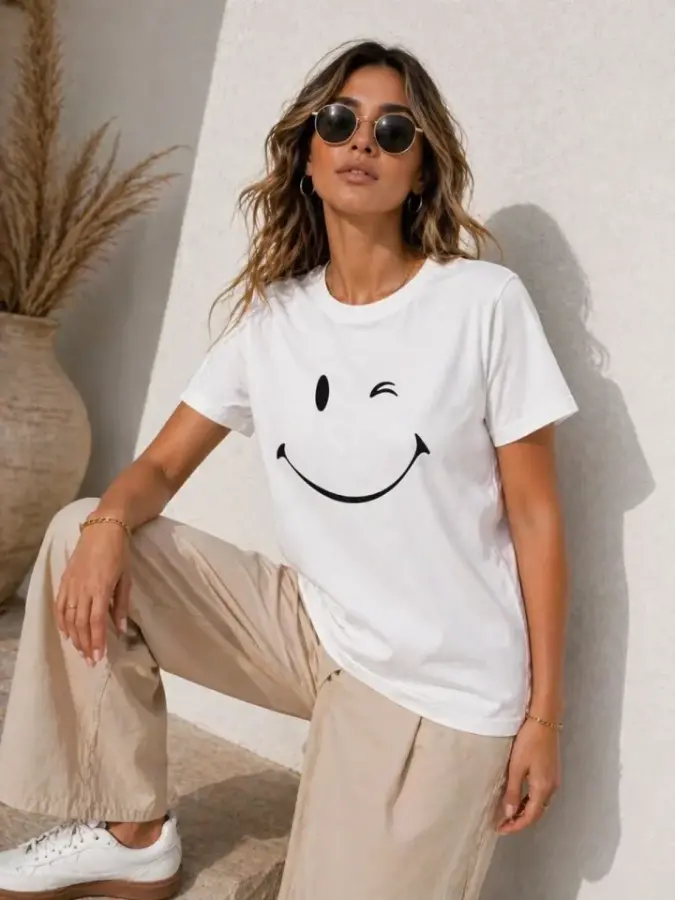 Minimal Gülümseyen Yüz Baskılı Tişört Kısa Kol Yazlık T-Shirt - Beyaz - 4