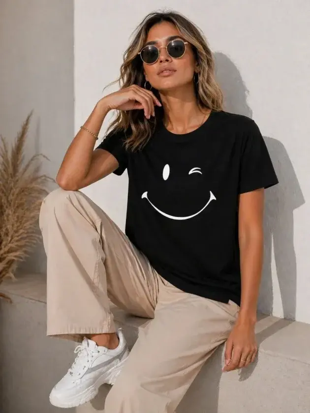 Minimal Gülümseyen Yüz Baskılı Tişört Kısa Kol Yazlık T-Shirt - Siyah - 1