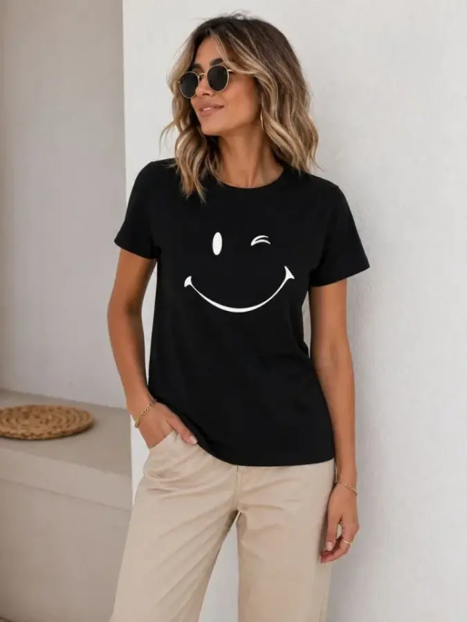 Minimal Gülümseyen Yüz Baskılı Tişört Kısa Kol Yazlık T-Shirt - Siyah - 4
