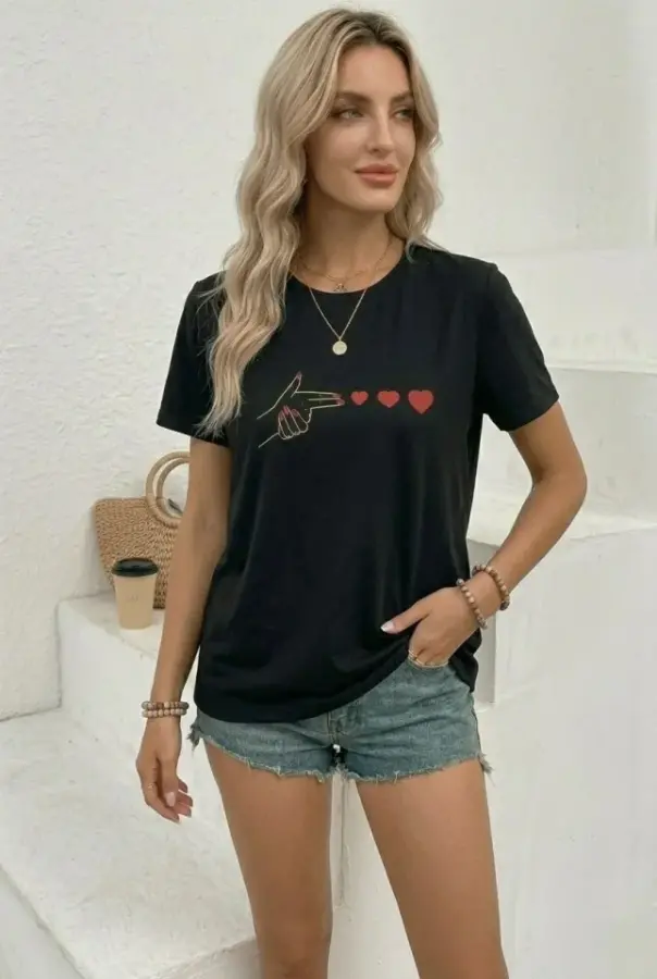 Minimal Kalp İşaret Baskılı Tişört Kısa Kol Yazlık T-Shirt - Siyah - 3