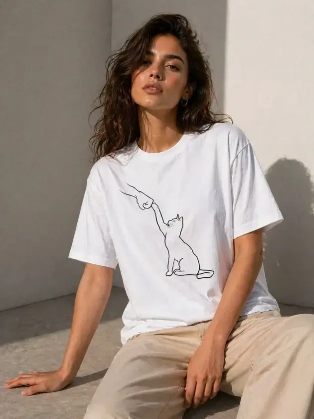 Minimal Kedi Çizim Baskılı Tişört Kısa Kol Yazlık T-Shirt - Beyaz - 1