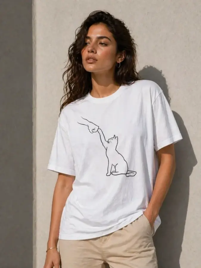 Minimal Kedi Çizim Baskılı Tişört Kısa Kol Yazlık T-Shirt - Beyaz - 2