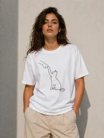 Minimal Kedi Çizim Baskılı Tişört Kısa Kol Yazlık T-Shirt - Beyaz - 3