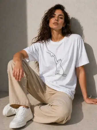 Minimal Kedi Çizim Baskılı Tişört Kısa Kol Yazlık T-Shirt - Beyaz - 4