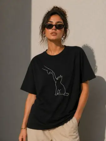 Minimal Kedi Çizim Baskılı Tişört Kısa Kol Yazlık T-Shirt - Siyah - 1