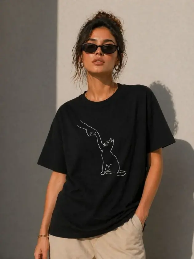 Minimal Kedi Çizim Baskılı Tişört Kısa Kol Yazlık T-Shirt - Siyah - 1