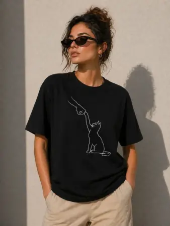 Minimal Kedi Çizim Baskılı Tişört Kısa Kol Yazlık T-Shirt - Siyah - 2