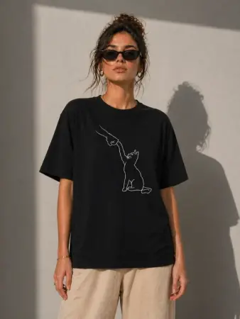Minimal Kedi Çizim Baskılı Tişört Kısa Kol Yazlık T-Shirt - Siyah - 3