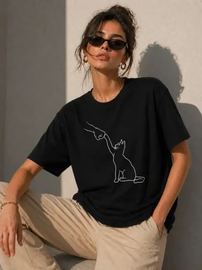 Minimal Kedi Çizim Baskılı Tişört Kısa Kol Yazlık T-Shirt - Siyah - 4