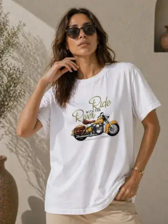 Motosiklet Baskılı Tişört Bisiklet Yaka Kısa Kol Yazlık T-Shirt - Beyaz - 1