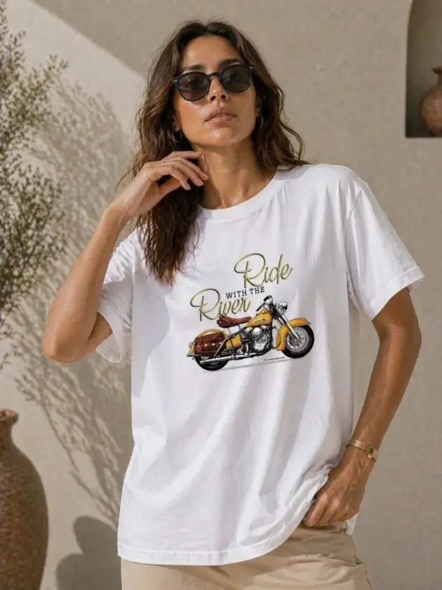 Motosiklet Baskılı Tişört Bisiklet Yaka Kısa Kol Yazlık T-Shirt - Beyaz - 1