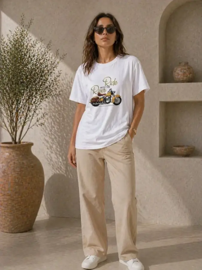 Motosiklet Baskılı Tişört Bisiklet Yaka Kısa Kol Yazlık T-Shirt - Beyaz - 2
