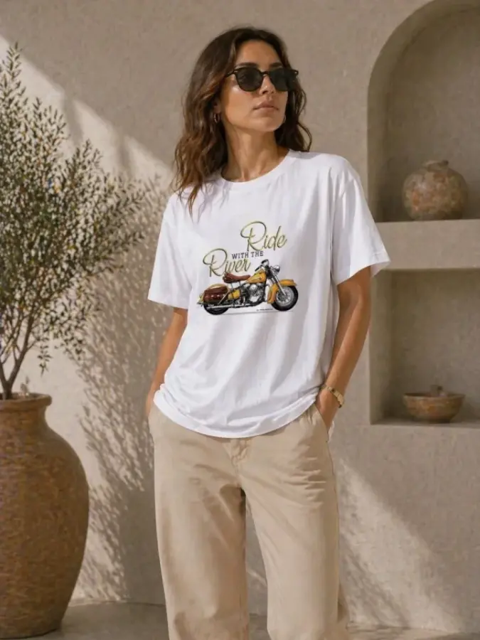 Motosiklet Baskılı Tişört Bisiklet Yaka Kısa Kol Yazlık T-Shirt - Beyaz - 3