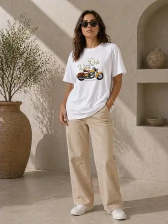 Motosiklet Baskılı Tişört Bisiklet Yaka Kısa Kol Yazlık T-Shirt - Beyaz - 4