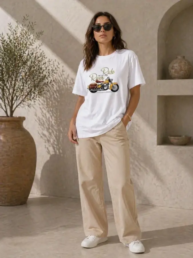 Motosiklet Baskılı Tişört Bisiklet Yaka Kısa Kol Yazlık T-Shirt - Beyaz - 4