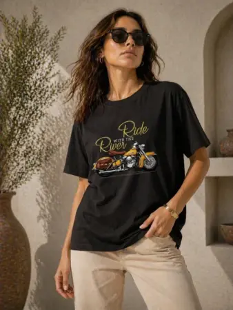 Motosiklet Baskılı Tişört Bisiklet Yaka Kısa Kol Yazlık T-Shirt - Siyah - 1