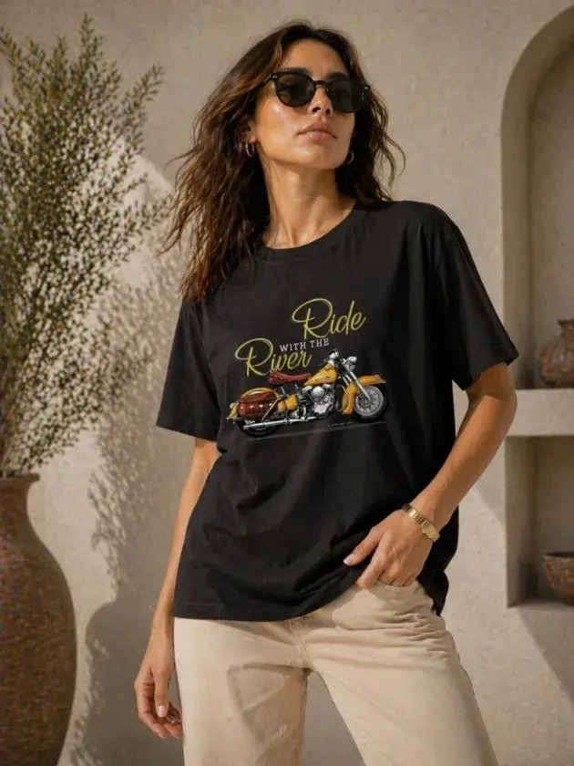 Motosiklet Baskılı Tişört Bisiklet Yaka Kısa Kol Yazlık T-Shirt - Siyah - 1