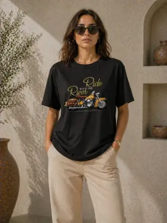 Motosiklet Baskılı Tişört Bisiklet Yaka Kısa Kol Yazlık T-Shirt - Siyah - 2