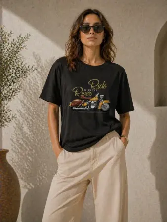 Motosiklet Baskılı Tişört Bisiklet Yaka Kısa Kol Yazlık T-Shirt - Siyah - 3