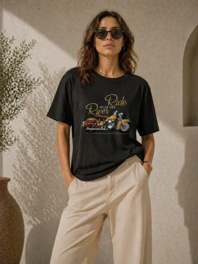 Motosiklet Baskılı Tişört Bisiklet Yaka Kısa Kol Yazlık T-Shirt - Siyah - 3