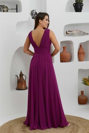 Plum Chiffon V-Neck Long Evening Dress - 5
