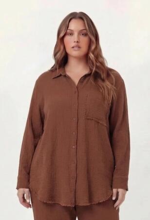 Müslin Kumaş Büyük Beden Gömlek Kahve - 1