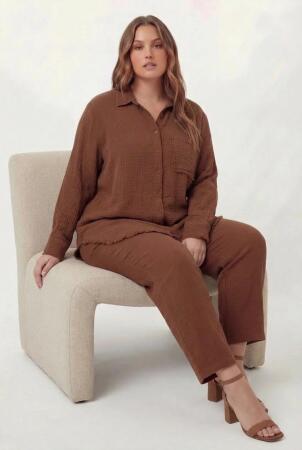 Müslin Kumaş Büyük Beden Gömlek Kahve - 5