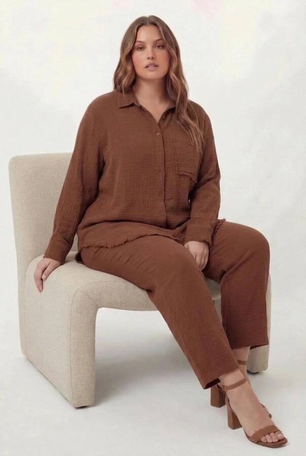 Müslin Kumaş Büyük Beden Gömlek Kahve - 5