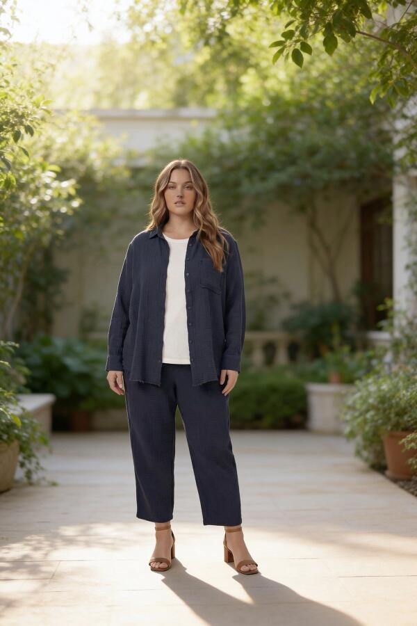 Müslin Kumaş Büyük Beden Gömlek Lacivert - 3