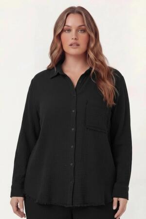 Müslin Kumaş Büyük Beden Gömlek Siyah - RMG