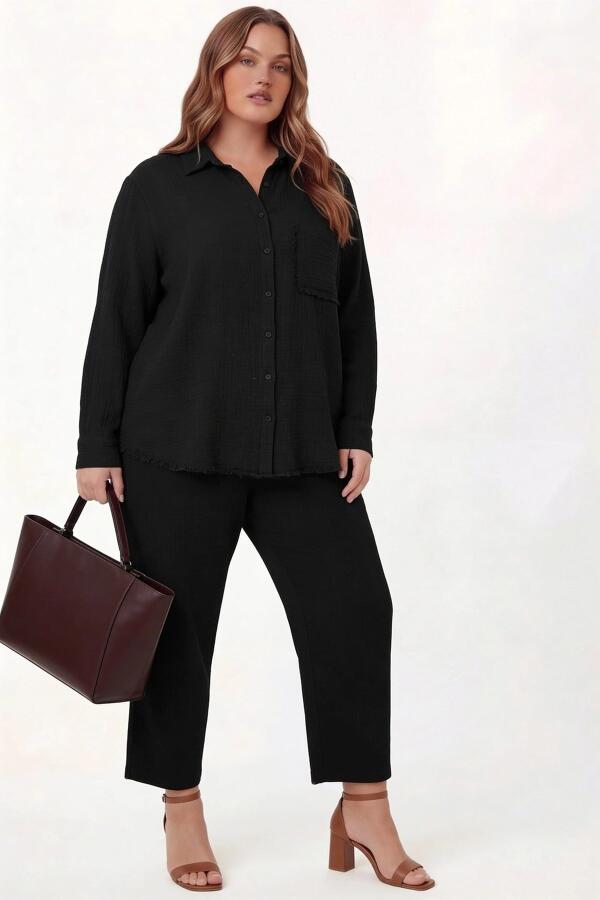 Müslin Kumaş Büyük Beden Gömlek Siyah - 5