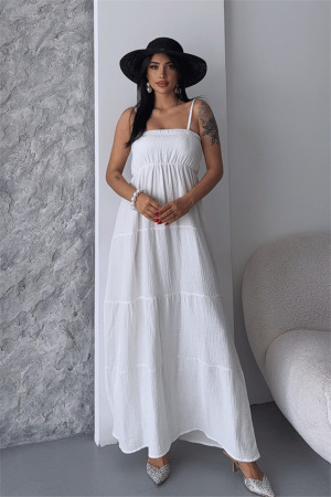 Müslin Kumaş Uzun Elbise - BEYAZ - Angelino Moda