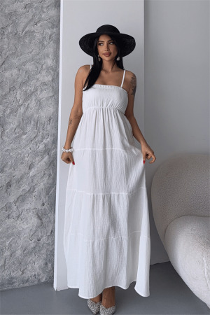 Müslin Kumaş Uzun Elbise - BEYAZ - Angelino Moda (1)