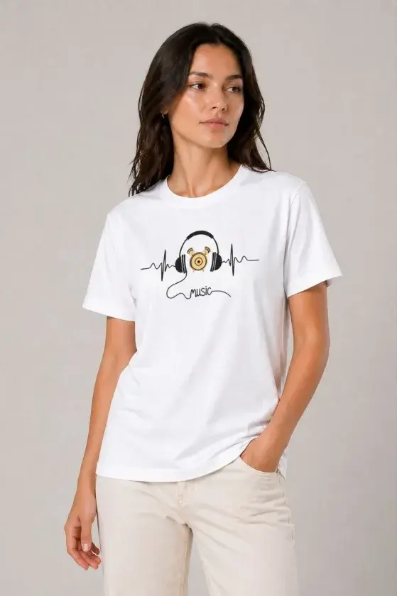 Müzik Temalı Baskılı Tişört Bisiklet Yaka Kısa Kol T-Shirt - Beyaz - 1