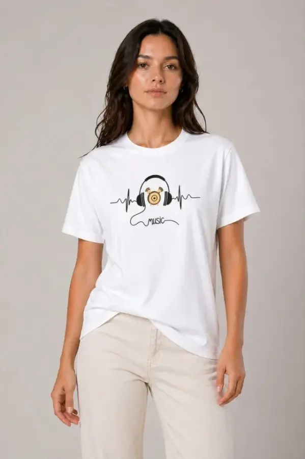 Müzik Temalı Baskılı Tişört Bisiklet Yaka Kısa Kol T-Shirt - Beyaz - 2