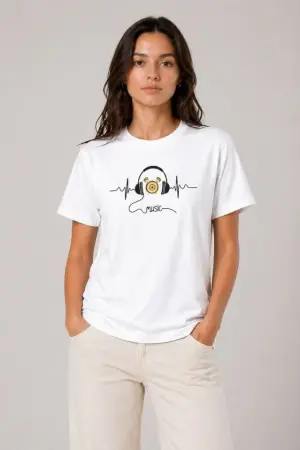 Müzik Temalı Baskılı Tişört Bisiklet Yaka Kısa Kol T-Shirt - Beyaz - 3