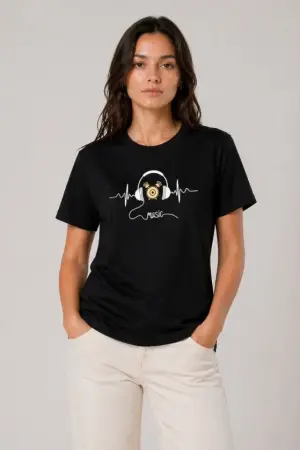 Müzik Temalı Baskılı Tişört Bisiklet Yaka Kısa Kol T-Shirt - Siyah - 1
