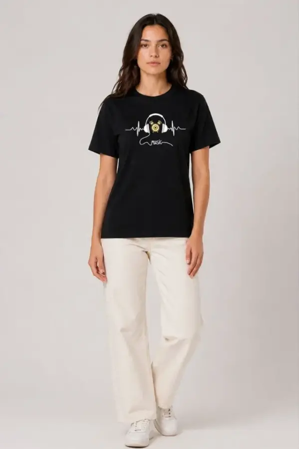 Müzik Temalı Baskılı Tişört Bisiklet Yaka Kısa Kol T-Shirt - Siyah - 2