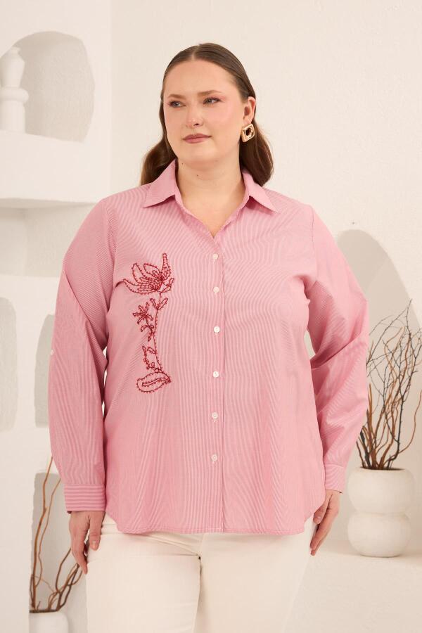 Nakış Detaylı Büyük Beden Gömlek Kırmızı - 1